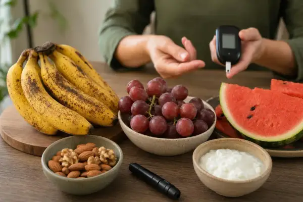 Frutta secca, uva, banane, anguria e yogurt. Una persona controlla la glicemia con un glucometro, suggerendo un'alimentazione attenta per la gestione del diabete.