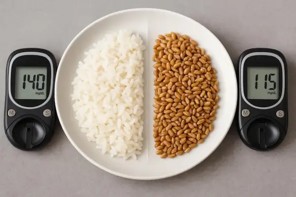 Piatto diviso: riso bianco (indice glicemico 140) e chicchi di grano (indice glicemico 115). Scegliere cereali a basso indice glicemico per una dieta sana.