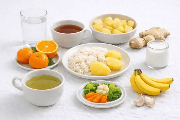 Cosa mangiare con la febbre: riso, patate, verdure, frutta, tè, zenzero e aglio per un pasto leggero e nutriente.
