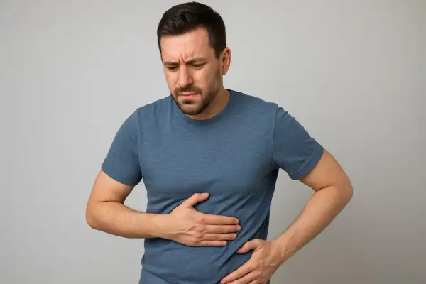 Uomo con espressione sofferente, mani sull'addome. Potrebbe indicare preoccupazione per un possibile **gamma gt alto tumore** o altri problemi epatici.