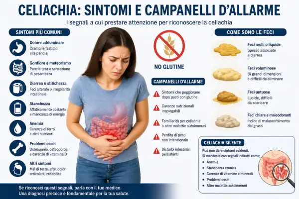 La celiachia danneggia i villi intestinali, causando sintomi come dolori addominali e diarrea. L'immagine illustra i segnali da non sottovalutare.