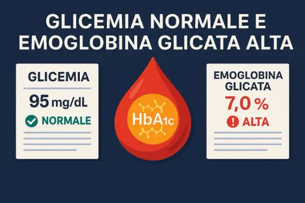 Glicemia normale (95 mg/dL) ma emoglobina glicata alta (7,0%). Un valore di emoglobina glicata alta indica un rischio.