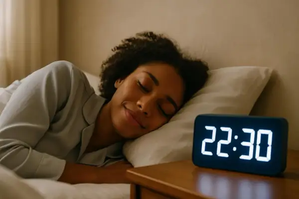 Donna dorme serenamente, l'orologio segna 22:30. Dormire fa dimagrire, un segreto per il benessere.