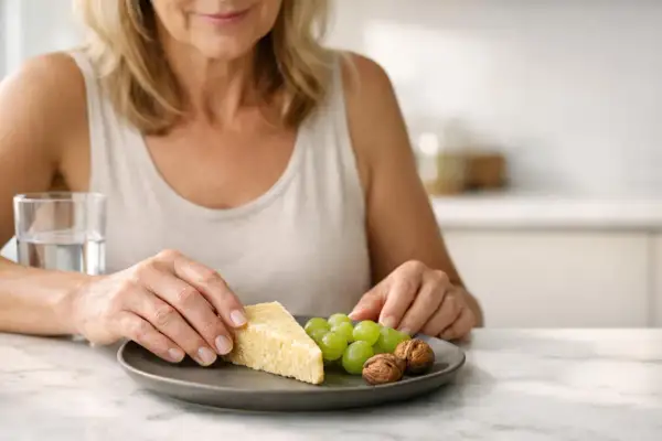 Donna sceglie un pezzo di formaggio, uva e noci. Una sana alimentazione con tabella colesterolo formaggi.