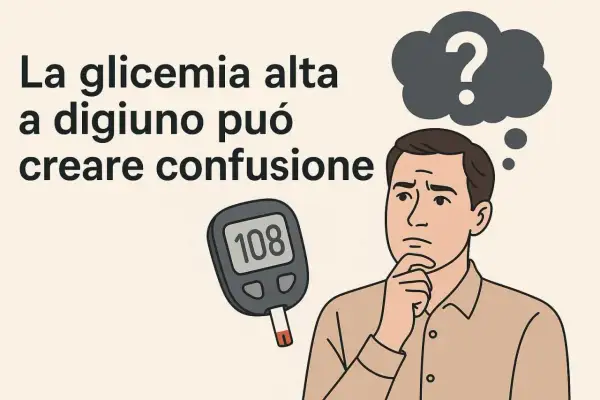 Uomo pensieroso con glucometro che mostra 108. La glicemia alta a digiuno può creare confusione.