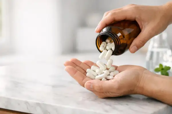 Mani versano capsule da un flacone, preoccupate che il magnesio faccia male al fegato.