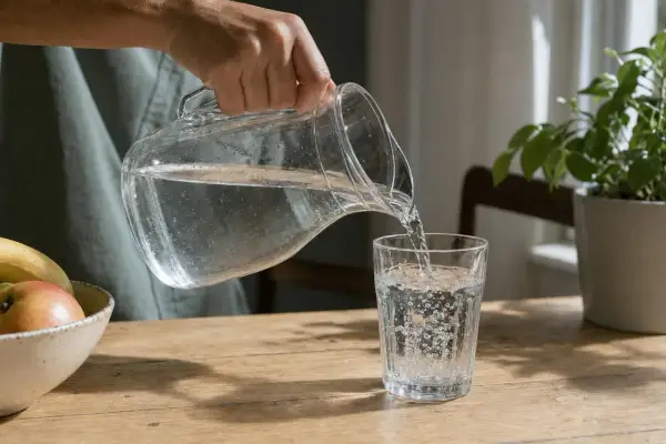 Mano versa acqua da una caraffa in un bicchiere. Attenzione a non bere troppa acqua, ma idratarsi è importante.