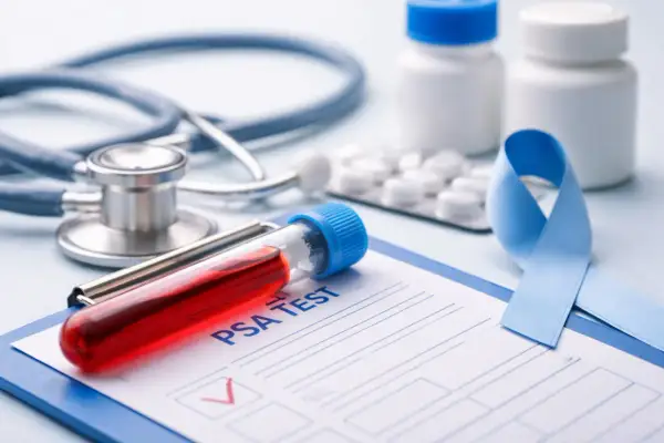 Esame PSA: provetta con sangue, stetoscopio, pillole e nastro blu per la consapevolezza. Un PSA libero basso è un buon segno.