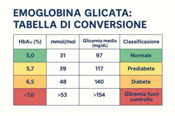 Tabella di conversione emoglobina glicata: un valore di 5,9% indica prediabete, con glicemia media 117 mg/dL.