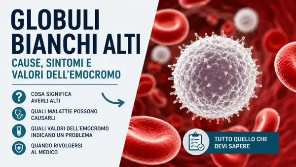 Globuli bianchi alti: cosa sono i leucociti, cause, sintomi e valori dell'emocromo. Immagine di un globulo bianco tra globuli rossi.