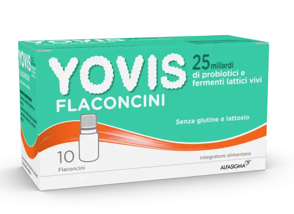 Yovis flaconcini: 25 miliardi di probiotici e fermenti lattici vivi, senza glutine e lattosio. Utile per chi cerca un elenco alimenti che fermentano nell'intestino.