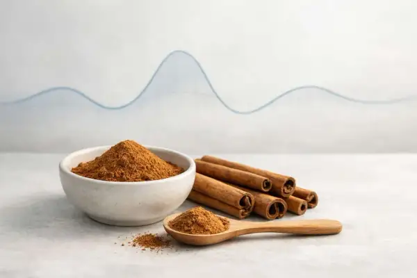 Cannella in polvere e bastoncini, con un cucchiaino. Uno sfondo con un grafico suggerisce un legame tra cannella e glicemia.