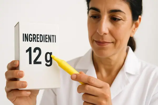 Donna in camice bianco indica con un pennarello giallo la dicitura "12g" su una scatola, evidenziando i carboidrati di cui zuccheri.