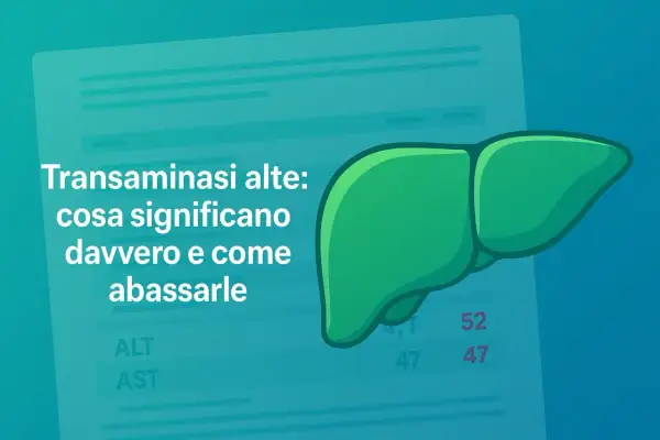 Fegato stilizzato accanto a un grafico con valori ALT e AST. Il testo indica "Transaminasi alte: cosa significano davvero e come abbassarle".