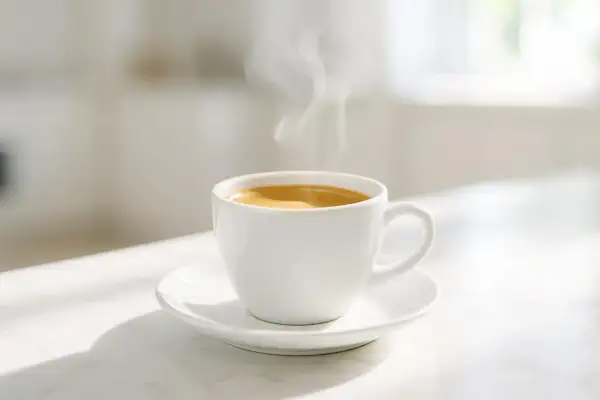 Tazza di caffè fumante su un piattino bianco. Attenzione, il caffè fa male al fegato se consumato in eccesso.