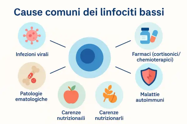 Cause comuni di linfociti bassi: infezioni virali, farmaci, patologie ematologiche, malattie autoimmuni e carenze nutrizionali. Valori normali dei linfociti sono importanti.