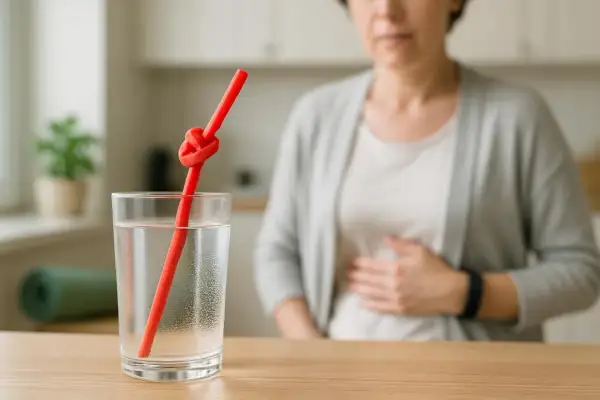 Donna con mano sullo stomaco, simbolo di un nodo allo stomaco. Bicchiere d'acqua con cannuccia annodata.