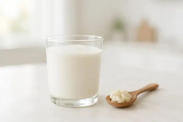 Un bicchiere di kefir accanto a un cucchiaino con grani di kefir. Un rimedio naturale per il reflusso.