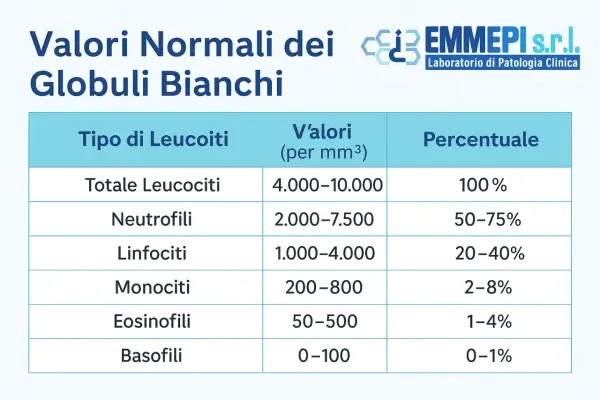 Tabella con i valori normali dei globuli bianchi. Gli eosinofili hanno valori normali tra 50-500 per mm³ e una percentuale dell'1-4%.