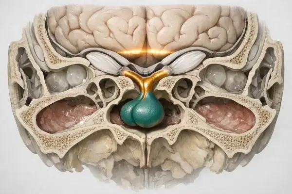 Sezione anatomica del cervello con ipofisi verde brillante. I valori normali di prolattina sono essenziali per la salute.