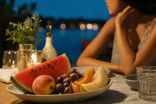 Piatto di frutta fresca con anguria, melone, pesche e uva. Una donna sullo sfondo, forse pensa che la frutta fa ingrassare, ma è deliziosa!