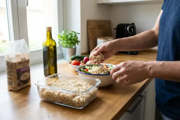 Mani aggiungono riso integrale a un'insalata colorata. Un sacchetto di riso per diabetici e una bottiglia d'olio sono sul bancone.