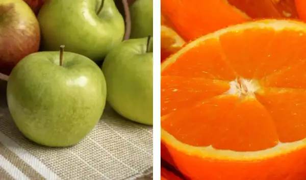 Mele verdi e arancia tagliata a metà. Attenzione, il fruttosio alza la glicemia.