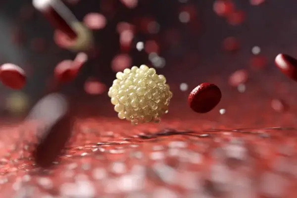 Aggregato di LDL ossidate, potenzialmente dannose, fluttua tra globuli rossi nel flusso sanguigno.